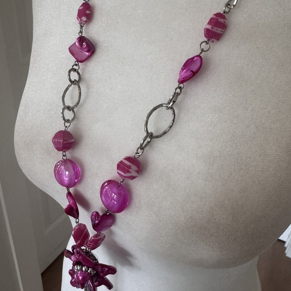 Vtg‎ Chunky Beaded Long Statement Necklace Pink Flower Beads Artsy Retro Y2k - Picture 3 of 6
